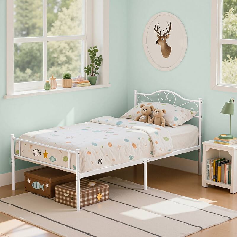Javlergo Twin Size Metal Bed Bed Frame with Headboard and Footboard, White