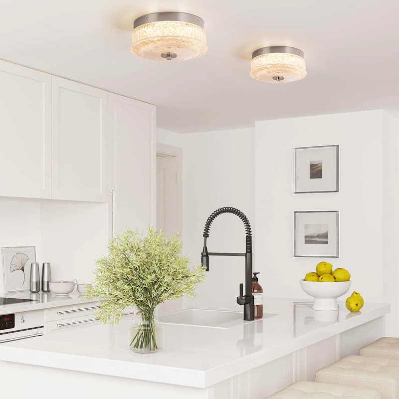 Mid-Century Modern Chrome Dome Round Cage Dimmable Integrated LED Textured Glass Flush Mount Light - Silver