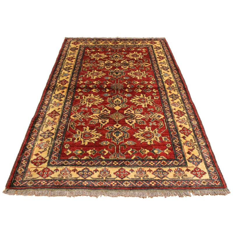 Tribal Super Kazak Bodhi Red/Gold Hand Knotted Wool Rug - 4'1'' x 5'5''