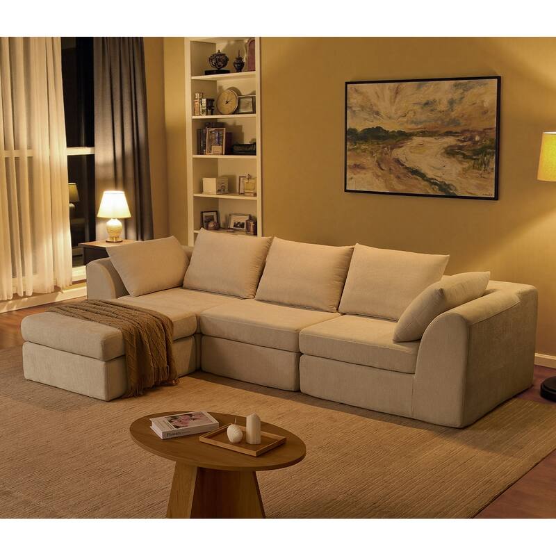 118 inch Oversized 3 Seater Deep Seat L-Shaped Sectional Couches Cloud Chenille Modular Boneless Sofa with Movable Ottoman