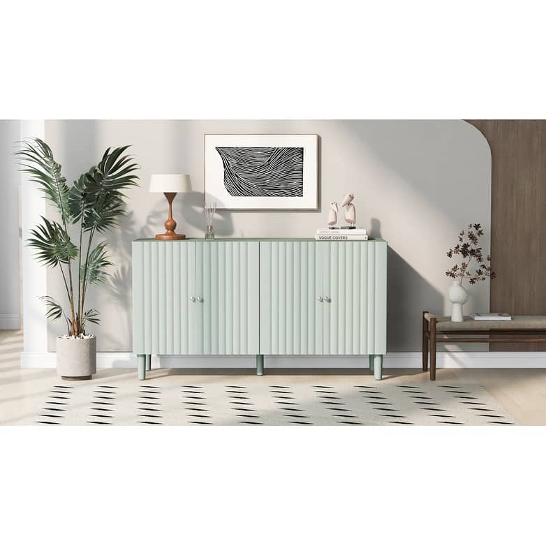 Rubber Wood 4 Door Sideboard with Wavy Pattern Doors and Cylindrical Legs, Storage Cabinet with Metal Door Handle
