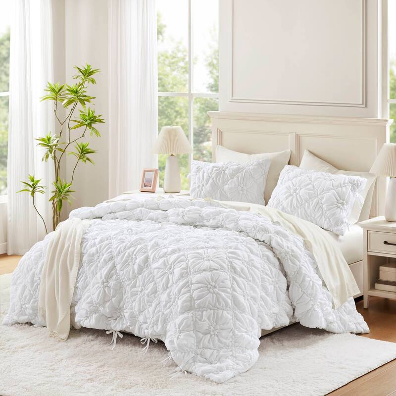 Rossetta 3-Piece King Extured Floral Cozy Puffy Design Comforter Set - White