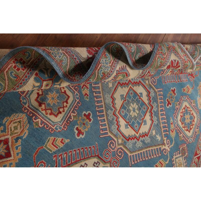 Blue Geometric Kazak Area Rug Handmade Wool Carpet - 8'0" x 9'10"