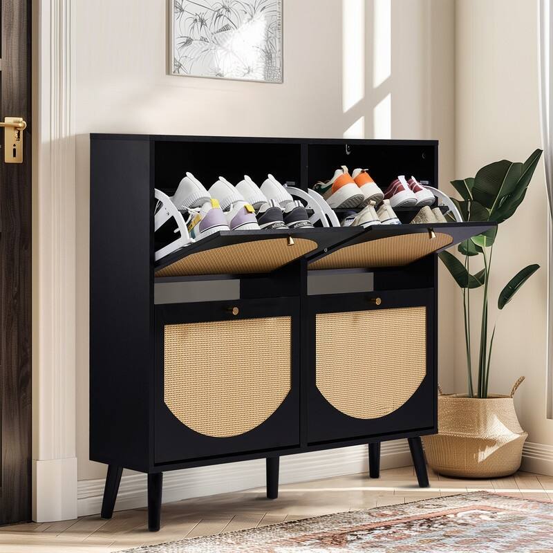 Rattan Shoe Cabinet with 2 / 4 Flip Drawers, Narrow Shoe Storage Cabinet,Organizer for Entryway, Bedroom, Living Room