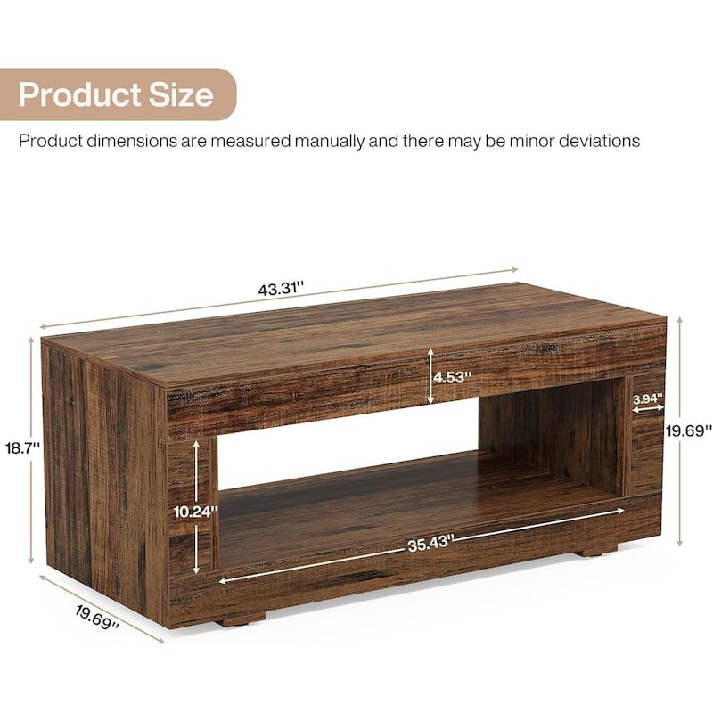 Brown Rectangular Coffee Table with Open Shelf and Smooth Wood Finish for Living Room or Office - 43.31" x 19.69"