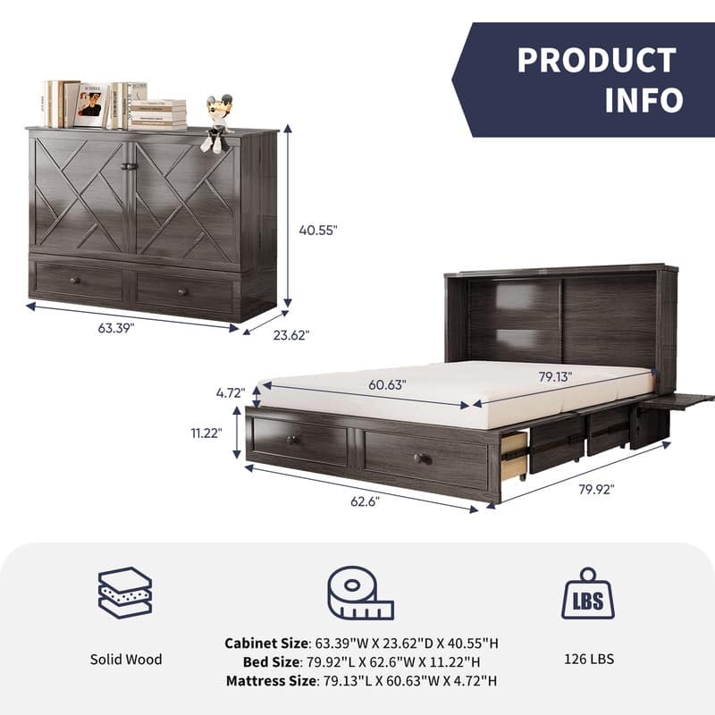 Mixoy Queen Size Murphy Bed Chest with Mattress and Storage