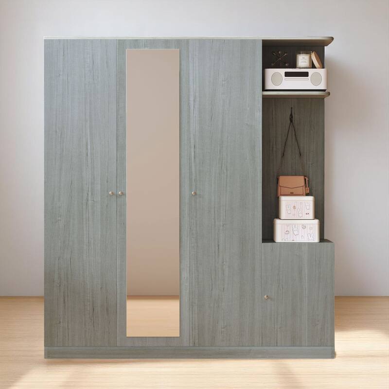 Modern Particle Board Wardrobe with Mirror, 2 Hanging Rails, 1 Drawer, Shelves and Safety Lock, 65.9" Tall - Grey