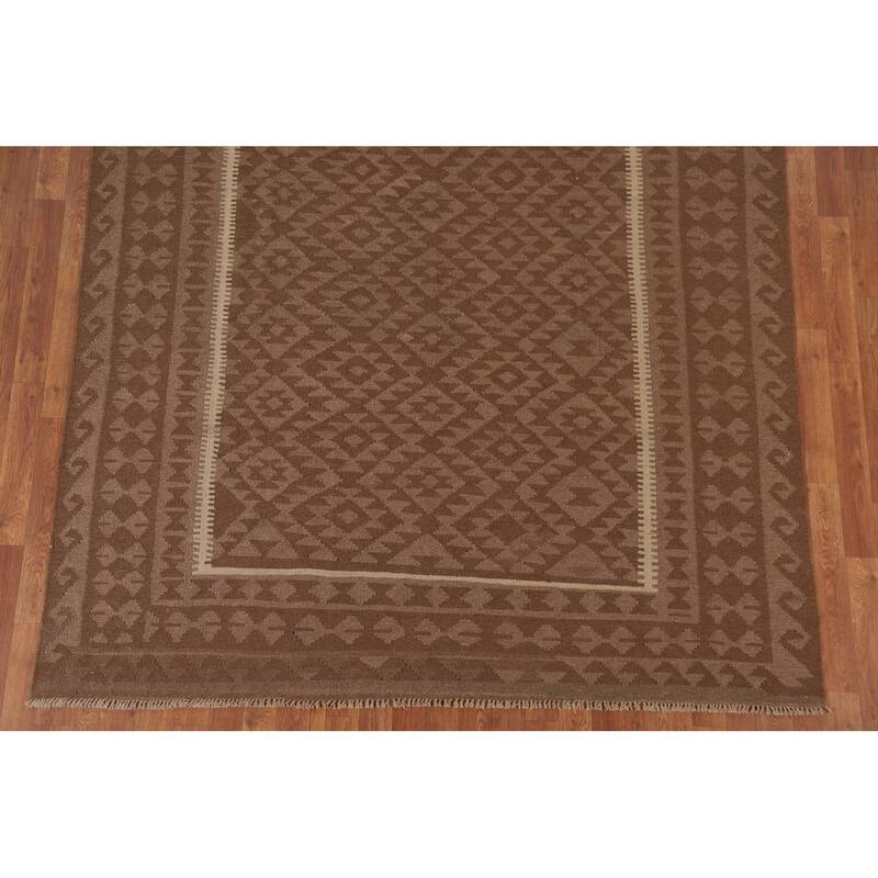 Hand Woven Oriental 100% Wool Carpet Southwestern Geometric Brown Kilim Area Rug - 9' 6'' X 6' 6''