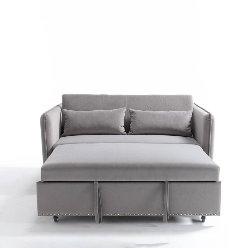3 in 1 Convertible Sleeper Futon Sofa Bed, 55" Grey Velvet Loveseat with 2 Pillows, Reclining Backrest, Side Pockets