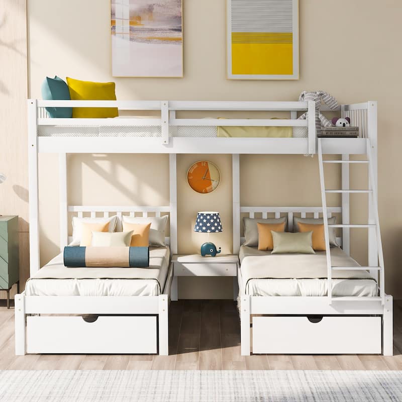 Detachable Triple Bunk Bed Convertible 3 Platform Beds, Wood Full Over Twin & Twin Bunk Bed Frame with Drawers and Guardrails - White - Full