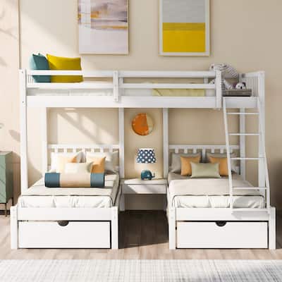 Detachable Triple Bunk Bed Convertible 3 Platform Beds, Wood Full Over Twin & Twin Bunk Bed Frame with Drawers and Guardrails