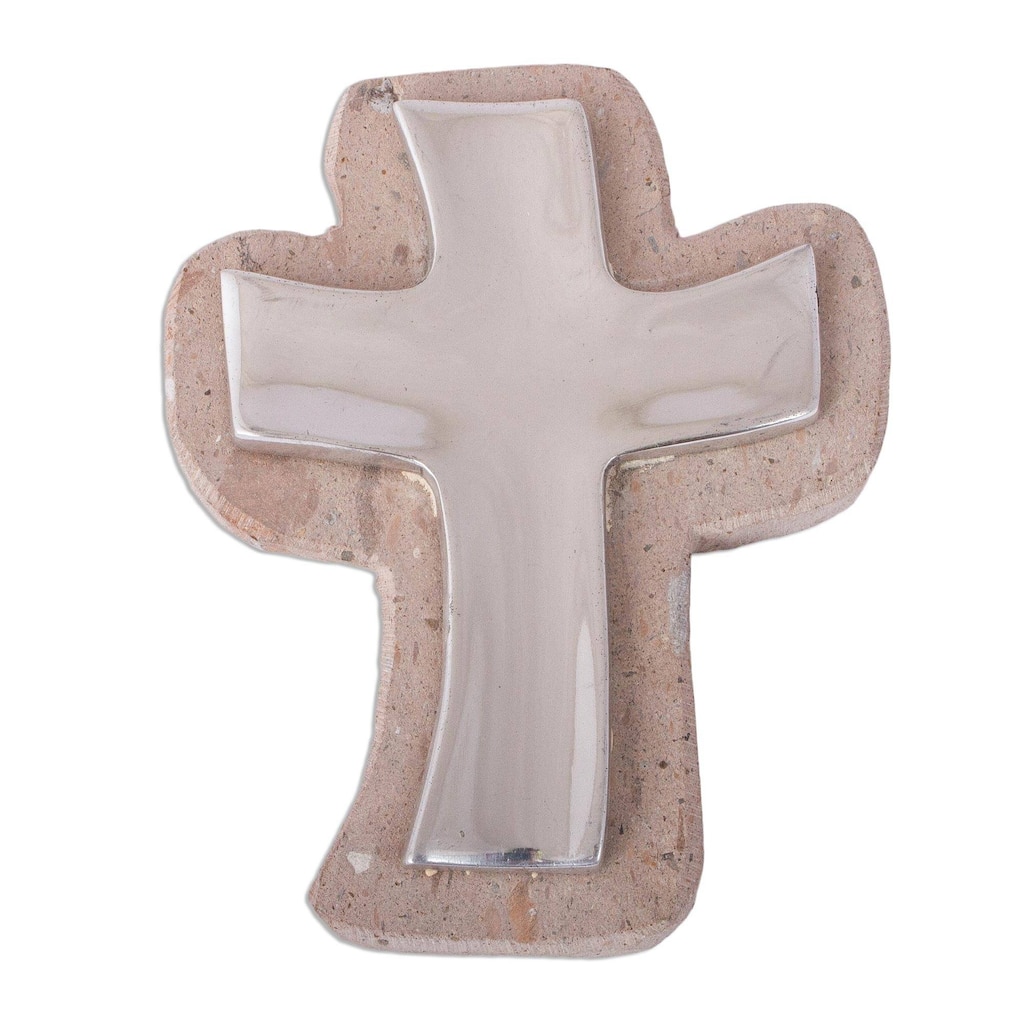 Handmade Lithe Cross Pewter And Reclaimed Stone Wall Cross (Mexico) - 7" H x 5.75" W x 1" D