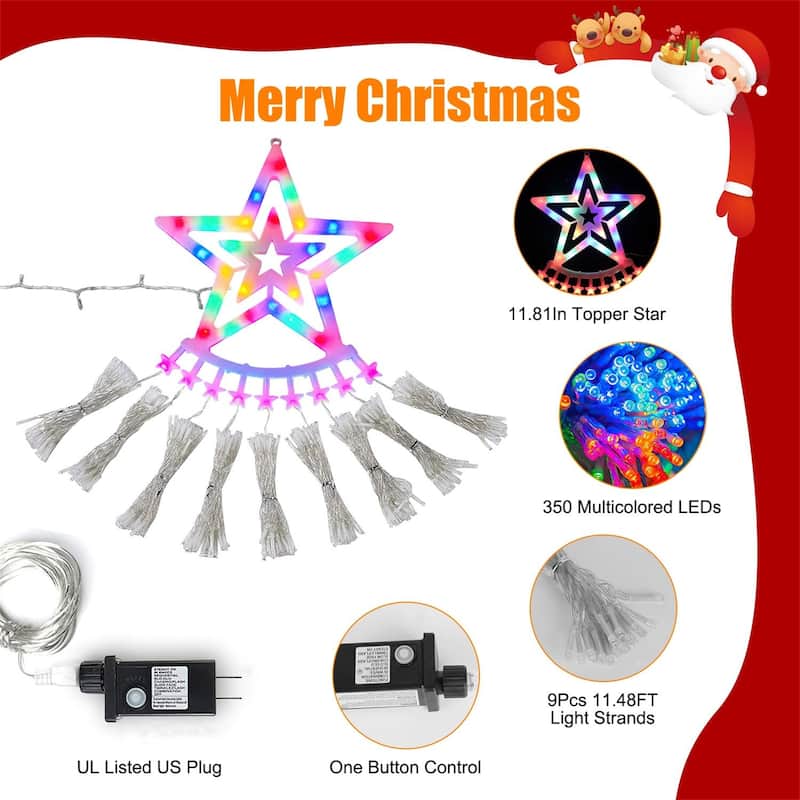 1 PCS 11.48FT 350LED Waterproof String Lights with Star Topper 8 Light Modes Memory Function
