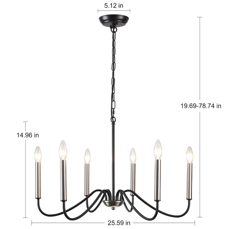 25.59'' W 6-Light Simple Candle Chandelier, Industrial Chandelier, Traditional Metal Ceiling Light for Dining Living Room