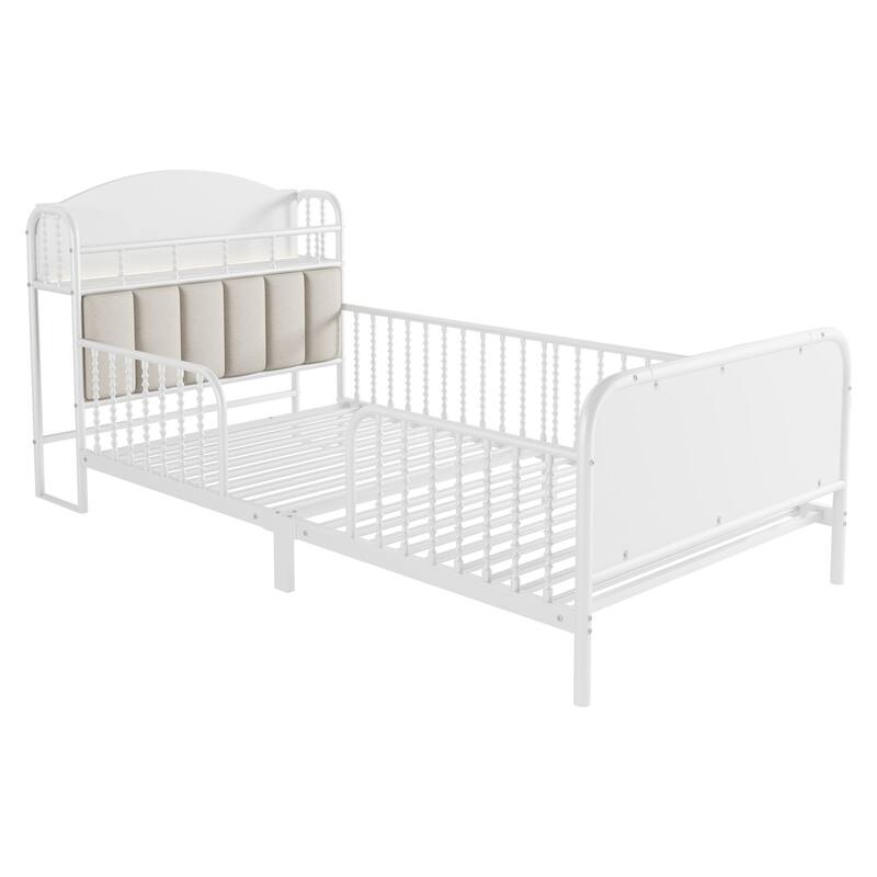 Kids Platform Bed Metal Frame with Linen Fabric Upholstered Storage Headboard Built-in Light Strip, Both Sides Rails