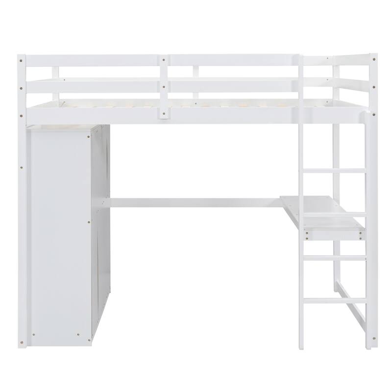Full Size Loft Bed with Wardrobe, Desk, Storage Shelves, and Drawers in White