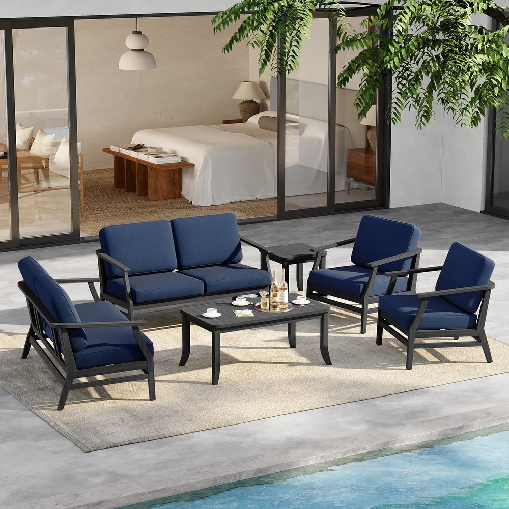 6-Seat Outdoor Teak Wood Patio Conversation Set with Cushions Tables