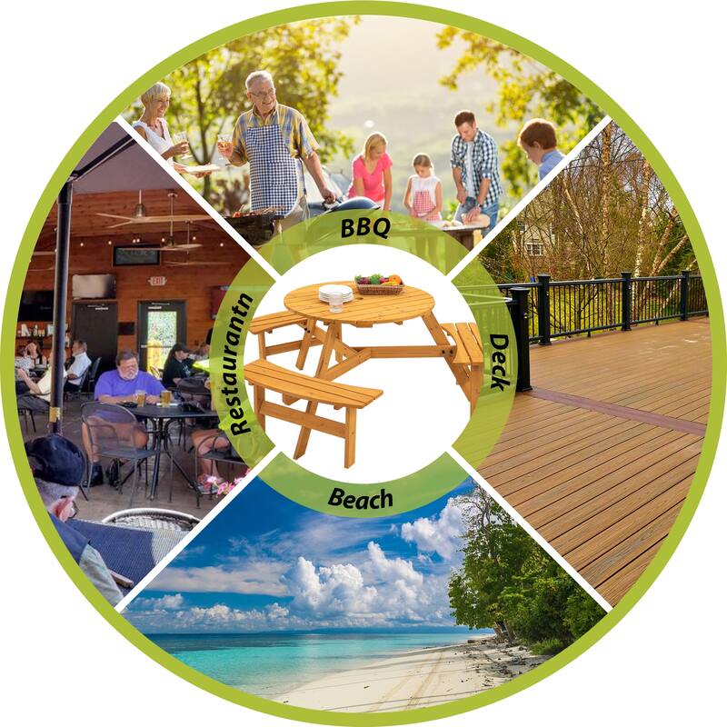 6 Seater Round Dining Table Set with 3 Built-in Benches, Outdoor Courtyard Wooden Picnic Table for Patio, Lawns, Garden