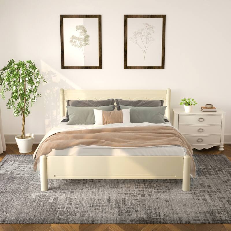King Size Solid Wood Platform Bed with Headboard, 10 Wooden Slats Support, No Box Spring Needed, Beige Finish