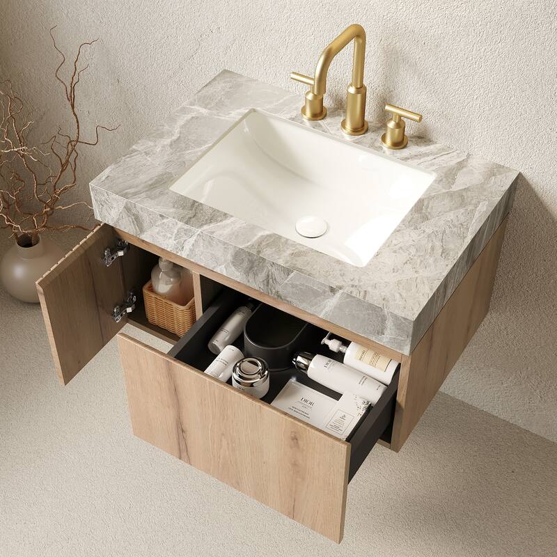 Floating Bathroom Vanity with Sintered Stone Top & Undermount Ceramic Basin with Three Pre-drilled Faucet Holes