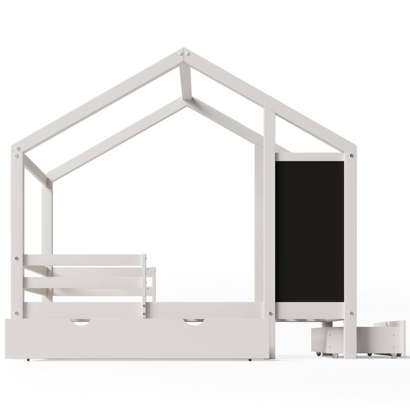 Playful Bed House-shaped Platfrom Bedframe Twin Size House Bed with Storage Drawers, Guardrails on 3 Sides and Blackboard