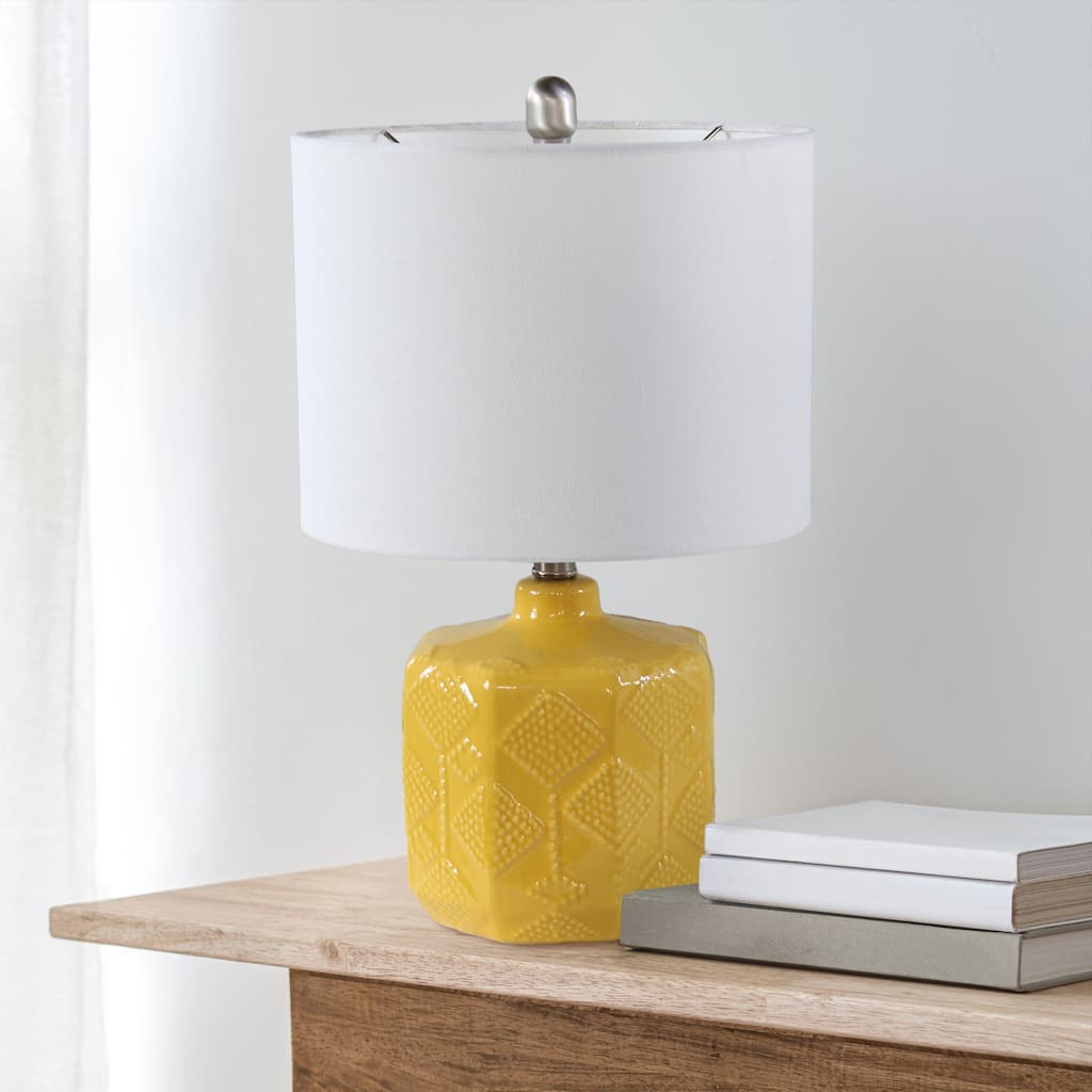 Eyelet Floral Ceramic Table Lamp with White Drum Shade - 19" - Yellow
