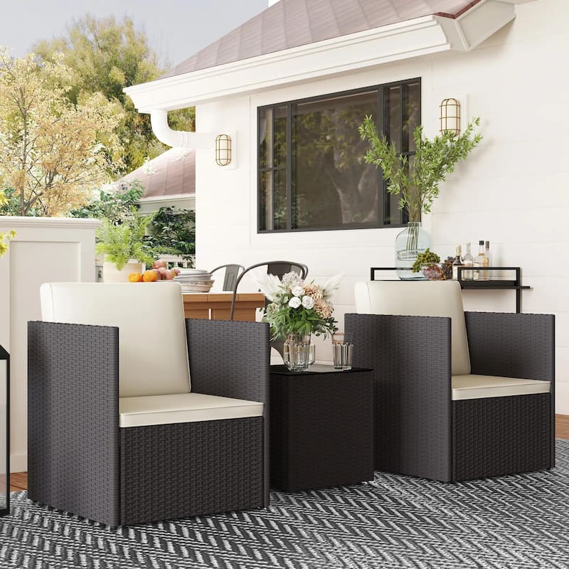 Folding Wicker Bistro 3-Piece Outdoor Set with Cushions and Glass Top