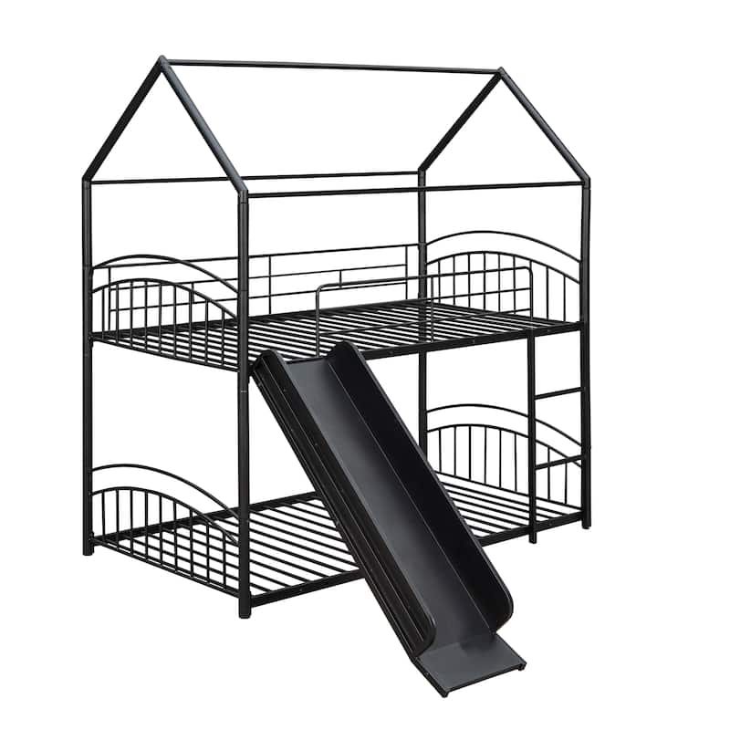 Black Twin over Twin Metal Bunk Bed with Slide, Roof, Fence, and Ladder