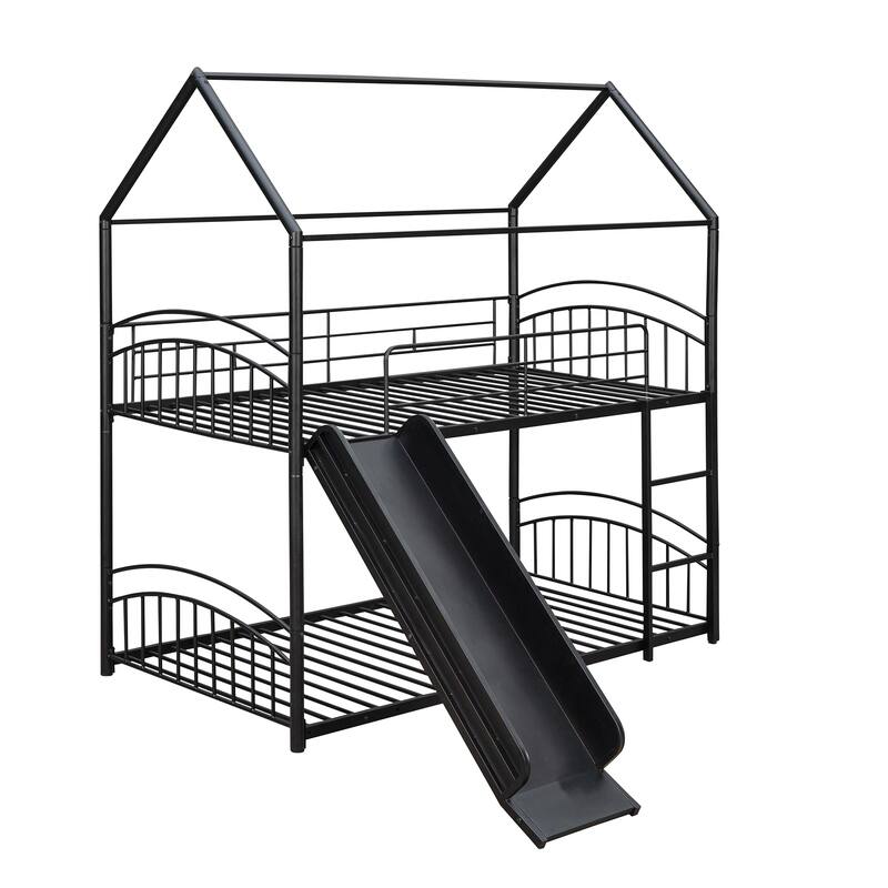 Black Twin over Twin Size Metal Bunk Bed With Slide, Roof, Fence and Ladder for Bedroom