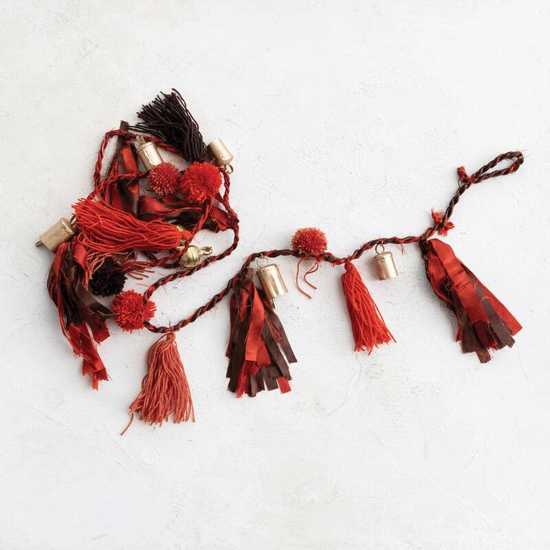 Metal Bells Garland with Pom Poms, Tassels and Fabric - Multi - 72.0"L x 1.0"W x 4.0"H