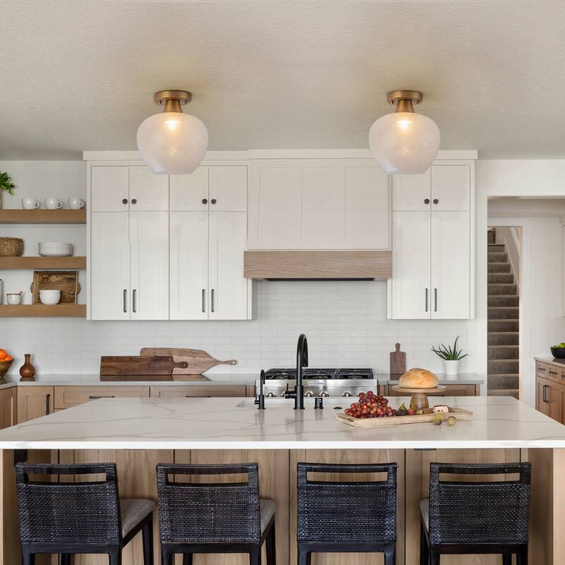 1-Light Gold Dome Flush Mount Ceiling Light with Opal Glass