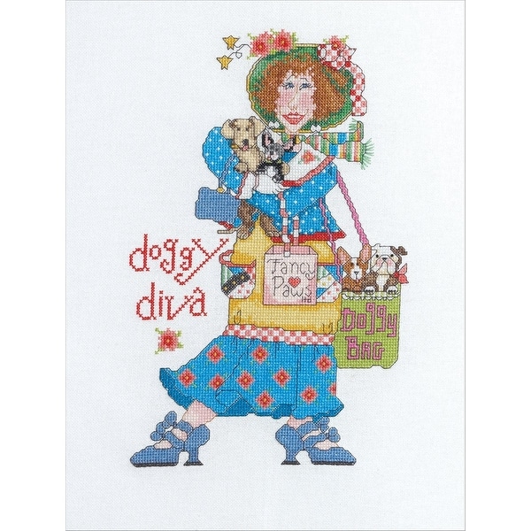 Bucilla Alma Lynne Counted Cross Stitch Kit, 7-Inch by 10-3/4-Inch, Doggy Diva - Blue