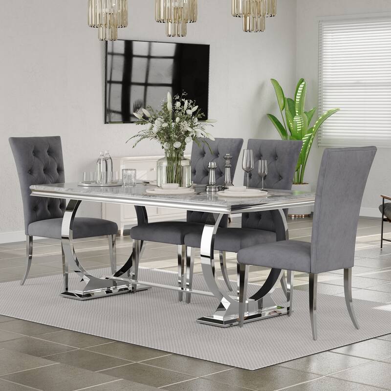 Glam Silver Dining Table Set with 64 inch Dining Table and Black Button Tufted Velvet Dining Chairs