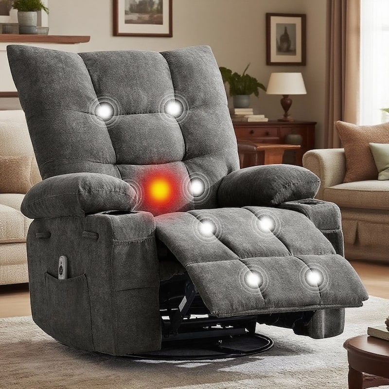 Swivel Rocker Recliner Chair, with Massage and Heat and Side Pocket - Grey - 23D