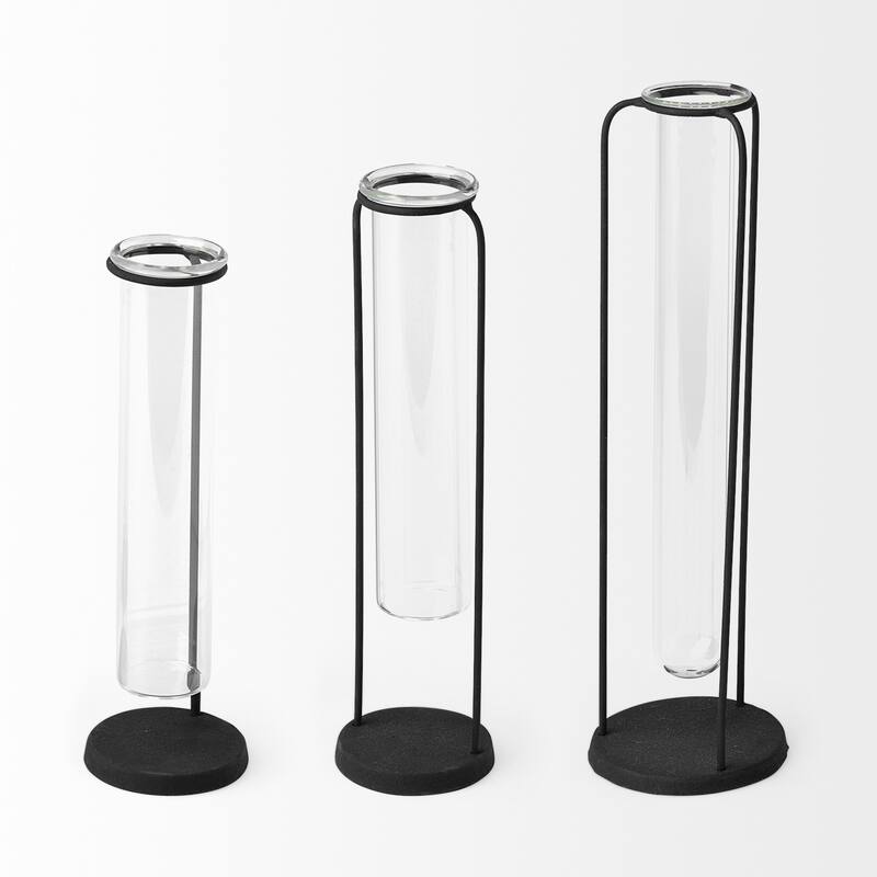 HomeRoots Set of Three Black Abstract Cylinder Metal Table Vase - 3" W x 11" H x 3" D