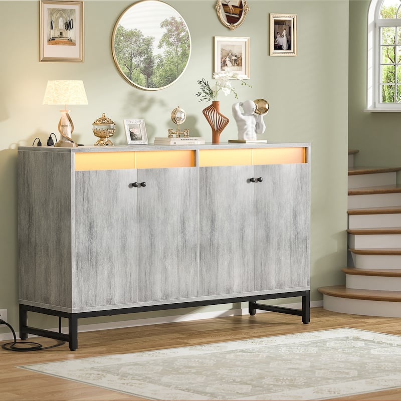4 Doors Accent Cabinet with Power Outlet, Buffet Cabinet Storage Bar Cabinet with LED Light - Grey