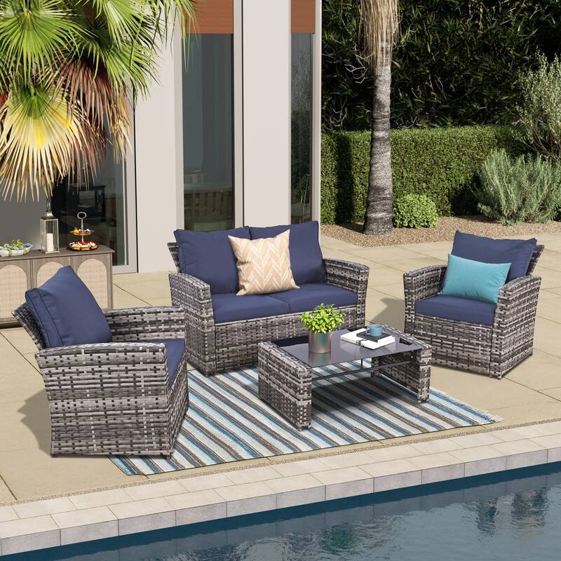 4-Piece Wicker Outdoor Sofa Set, 1 Loveseats, 2 Single Sofas, 1 Table