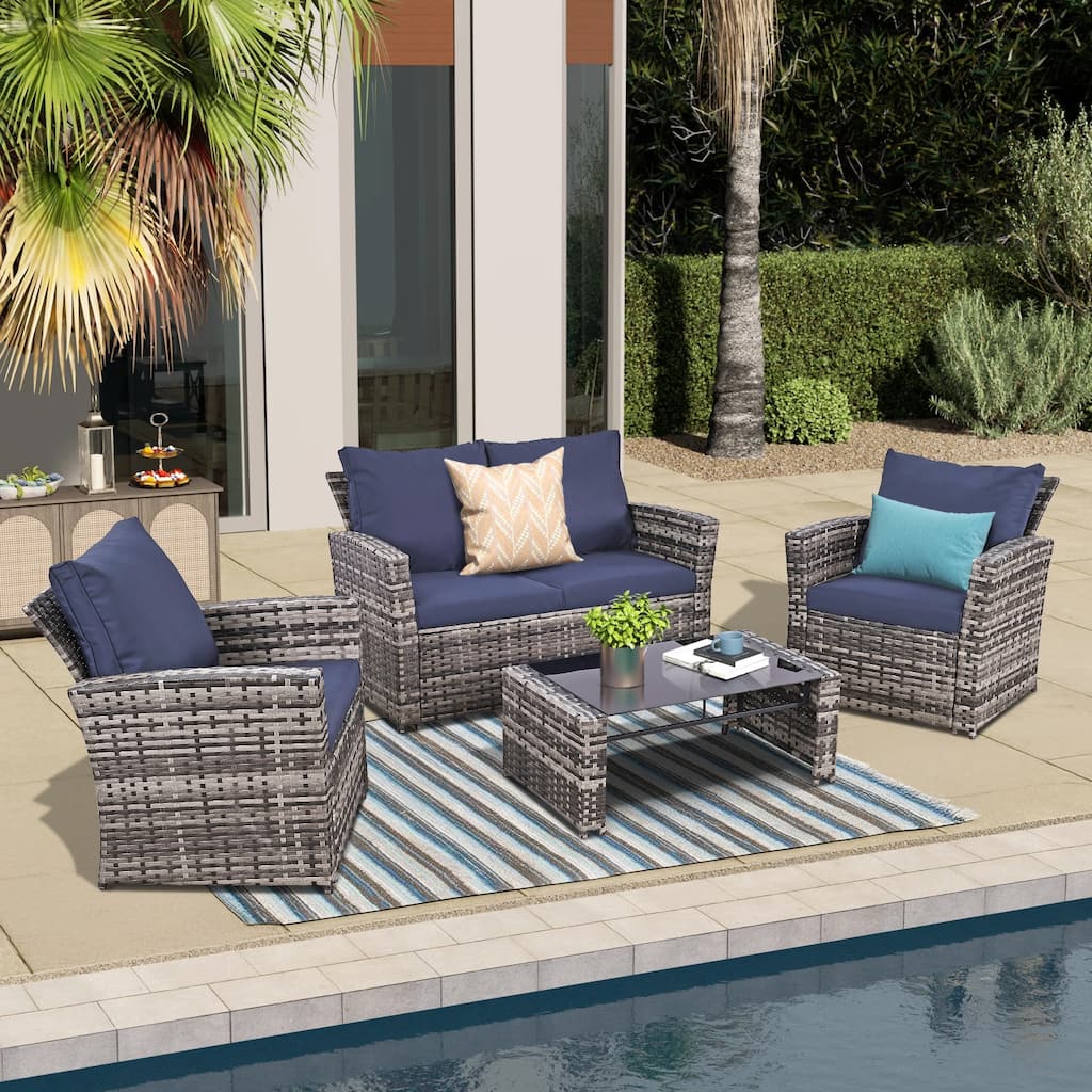 Thicker 4-Piece Wicker Outdoor Sofa Set, 1 Loveseats, 2 Single Sofas, 1 Table