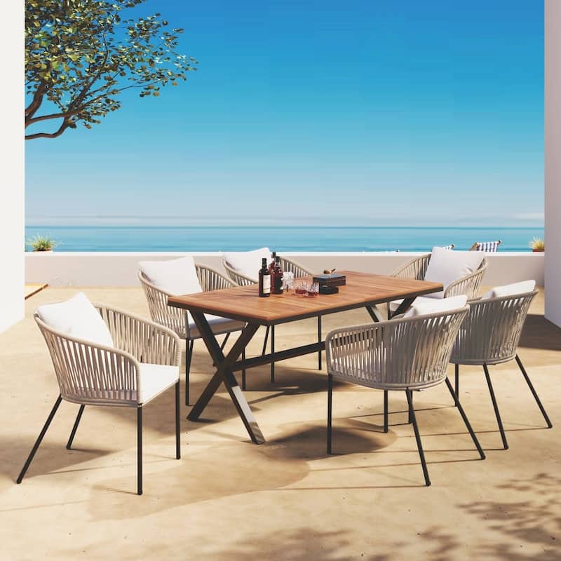 7 Pieces Patio Dining Set, All-Weather Outdoor Furniture Set with Dining Table and Chairs - Beige