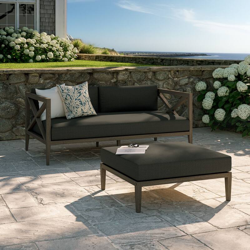 Northlake Outdoor Patio Teak Wood Loveseat and Ottoman Set - Flint Gray