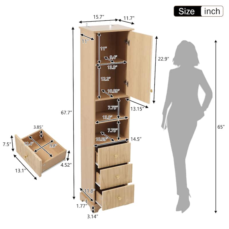 Vertical Stripe Accents Cabinet Freestanding Tall Cabinet for Bathroom with 1 Door, 3 Drawers, Open Storag and Adjustable Shelf