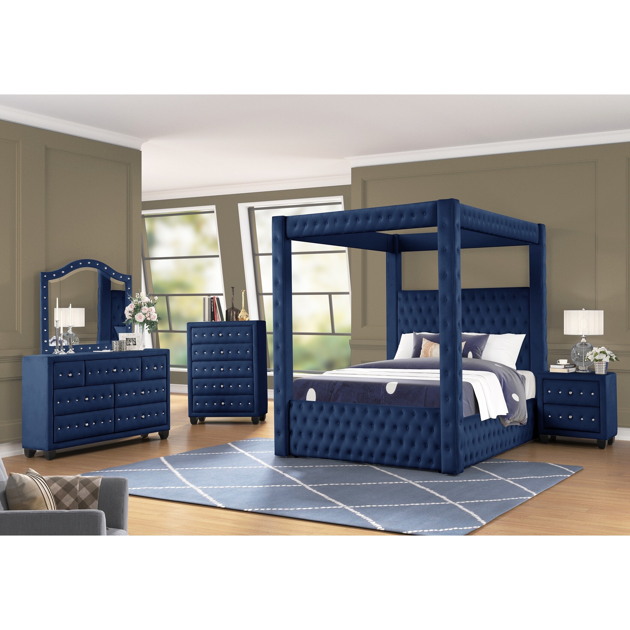 Eli Crystal Tufted Queen Bed With LED Headboard — Mirrored Inlays, Wood Frame, Black Velvet Upholstery - View #6