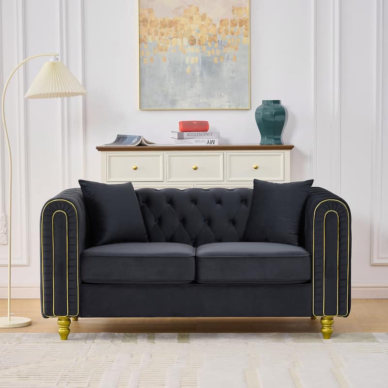 Roomfitters 63" Modern Upholstered Chesterfield Loveseat with Gold Trim, Button Back 2-Seater Couch for Small Spaces - Black