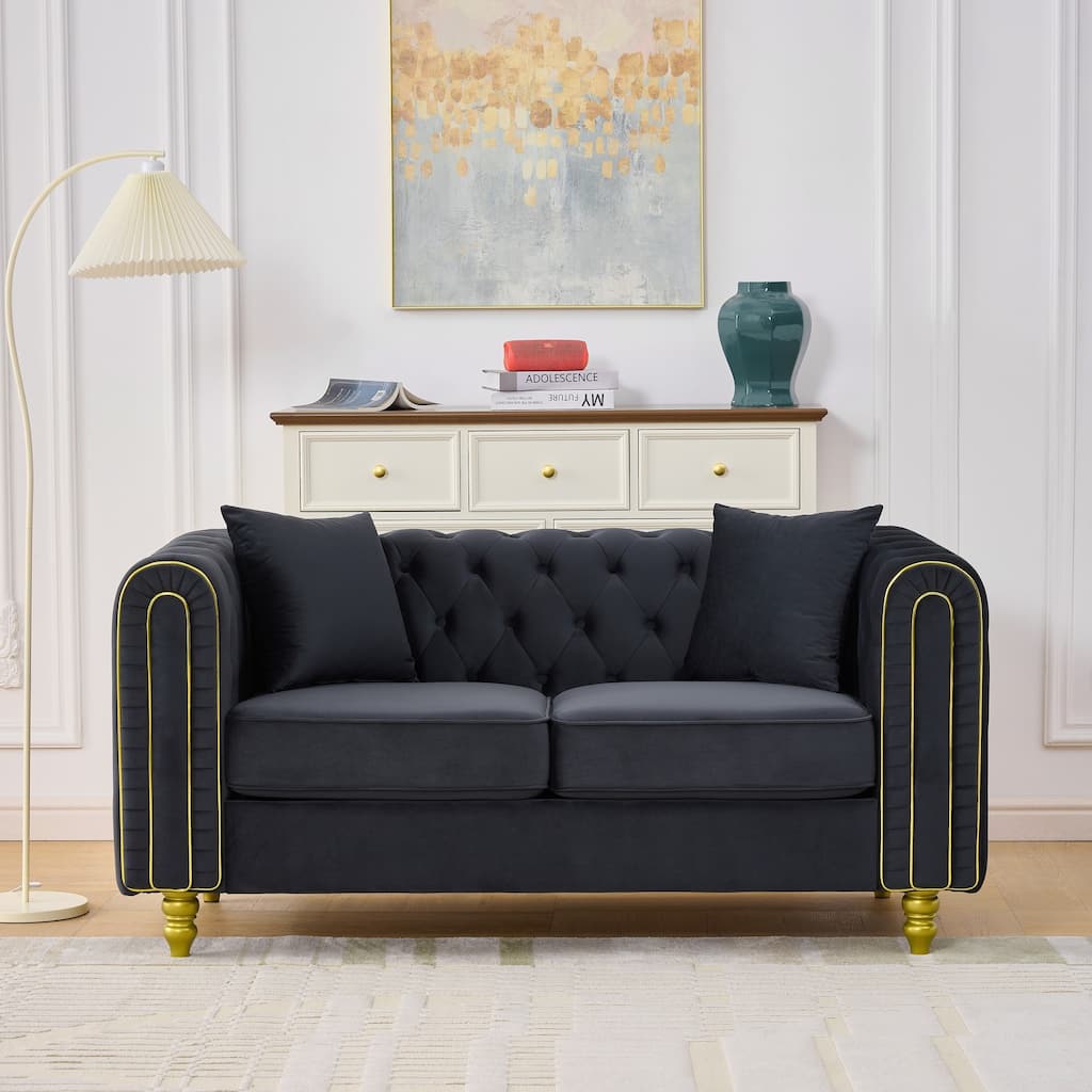 Velvet Chesterfield Loveseat, Button-Tufted, Rolled Arms with Gold Trim, 600LB Capacity