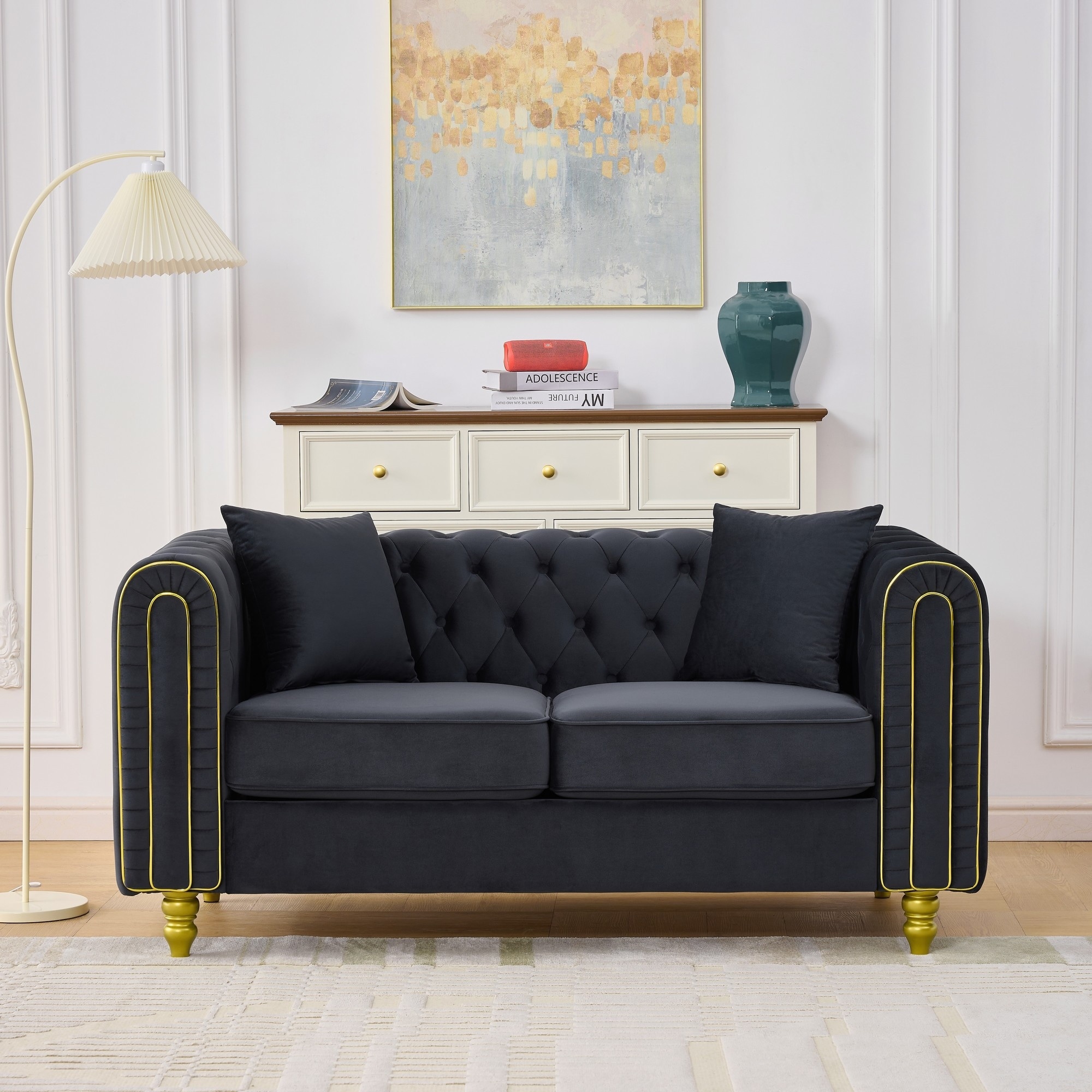 Velvet Chesterfield Loveseat, Button-Tufted, Rolled Arms with Gold Trim, 600LB Capacity