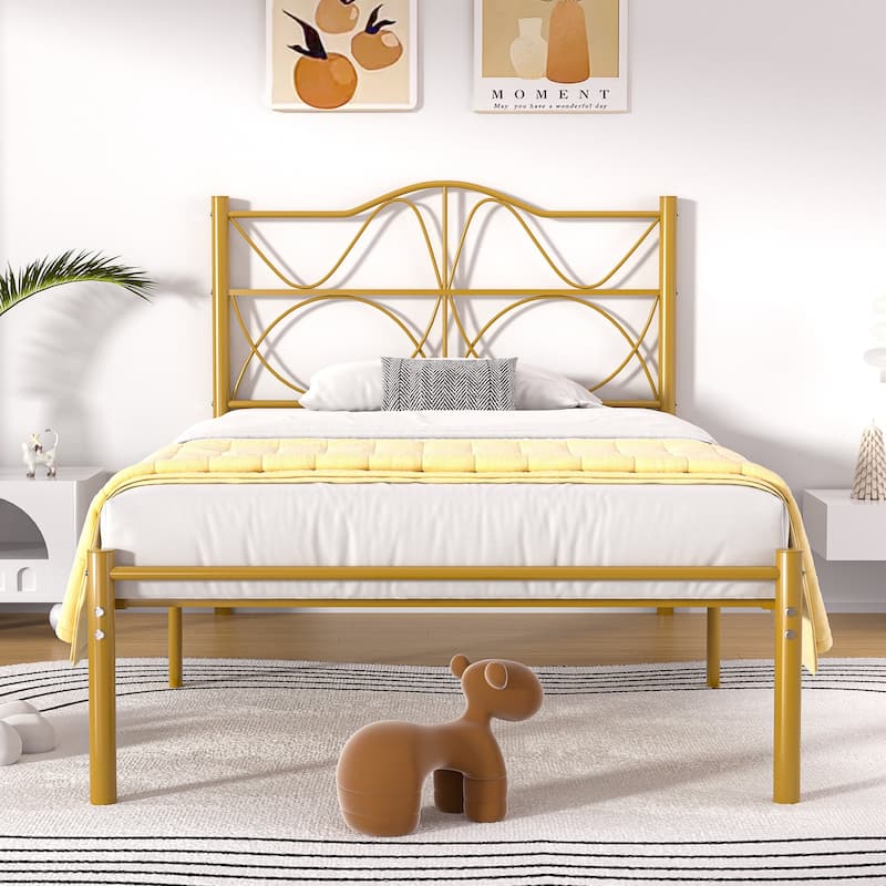 VECELO Metal Platform Bed Frame with Curved Headboard and Under-Bed Storage-No Box Spring Needed, Twin/Full/Queen Size - Gold - Twin