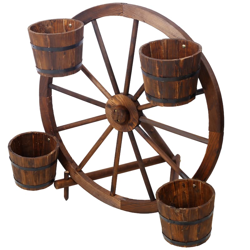 Wood wagon wheel barrel planter, Wagon Wheel Barrel Planter Display
