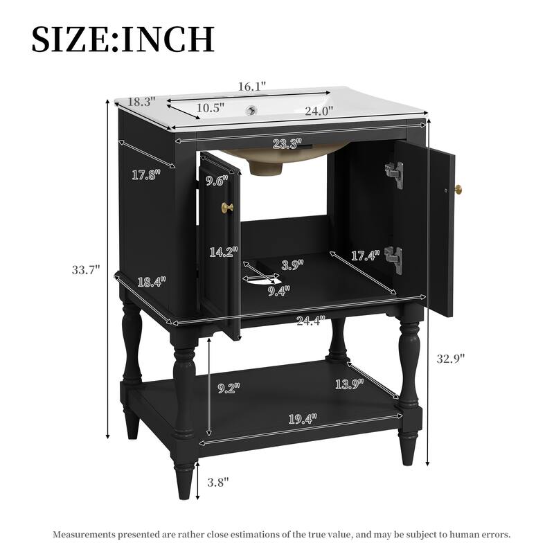 24 inch Modern Luxury Bathroom Vanity with Ceramic Sink, Bathroom Cabinet with Open Shelf and Closed Storage