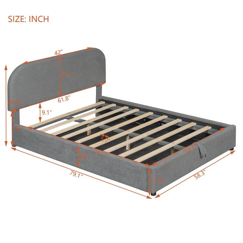 Lift Up Storage Platform Bed Frame, Teddy Fleece Low Profile Bed Hydraulic Storage System, Curved Headboard, Wood Panel Bed