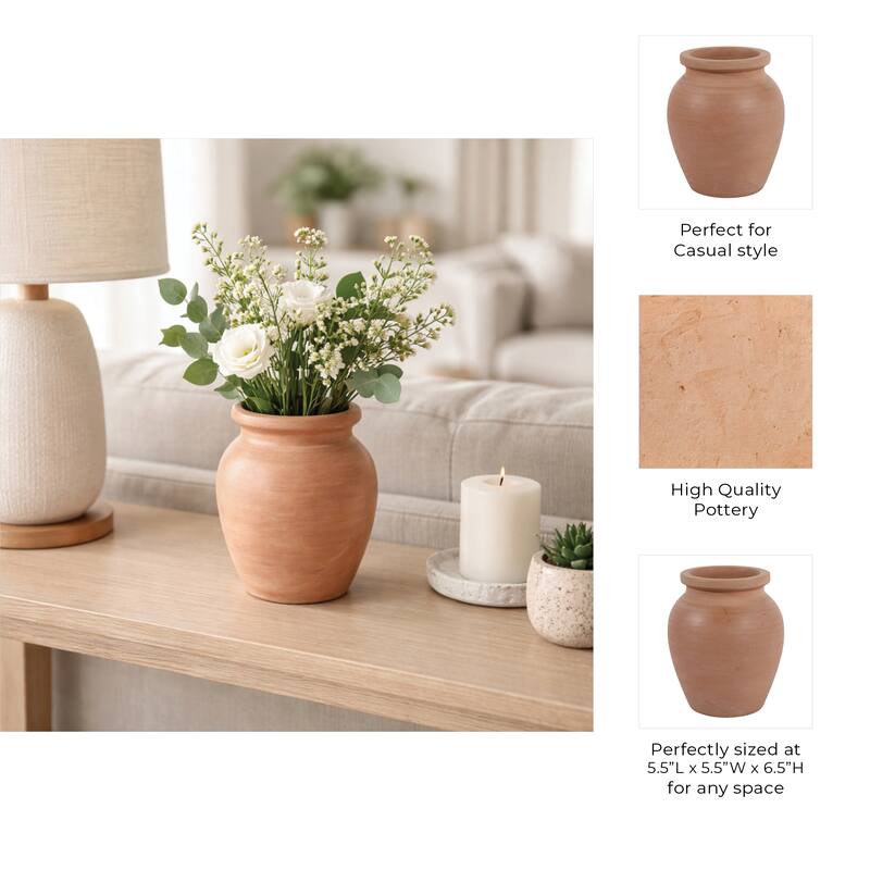 Decorative Round Pottery Vase - Rustic Boho Flower Vase